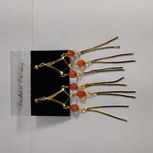 Women's Style Gold tone & Blood Orange Beads Fringed Chandelier 3" Drop Earrings